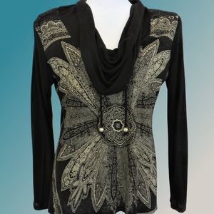 Black Shirt Long Sleeve Knit Cowel Neck with Graphic Gold Design...126